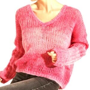 Guess Ariane V-Neck Loose Knit Metallic Pink Ombre Sweater - Size Medium